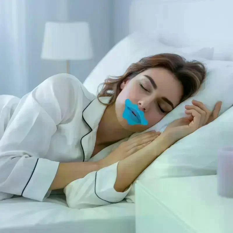 Anti-Snoring Sleep Tape - woman sleeping in bed wearing white pajamas with blue patch on mouth
