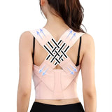 Back view of woman wearing beige posture corrector brace with labeled arrows showing shoulder support direction