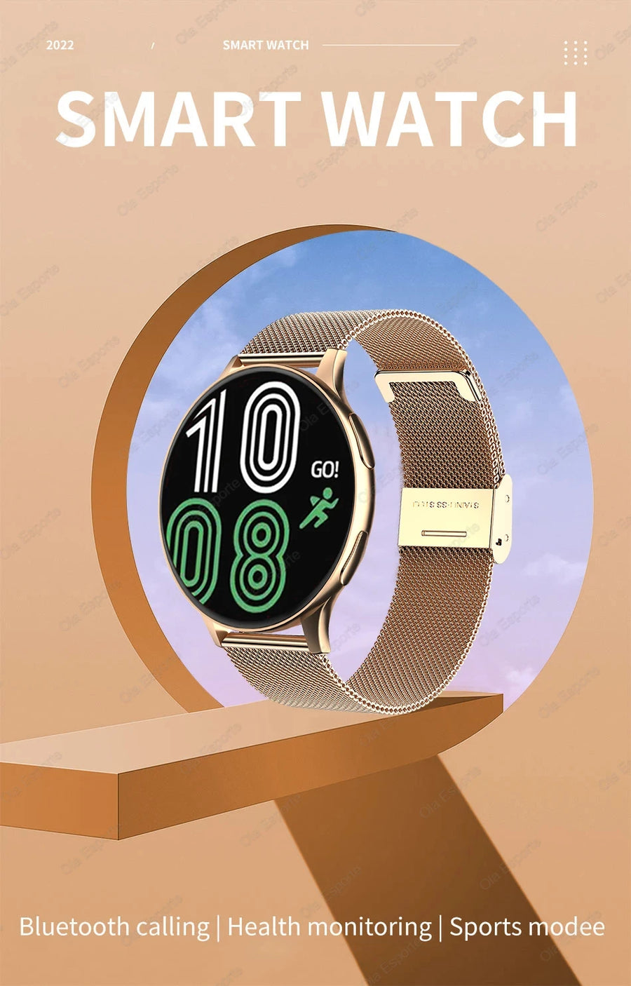 Women's Smart Watch 6 with metallic band on beige surface with light blue background