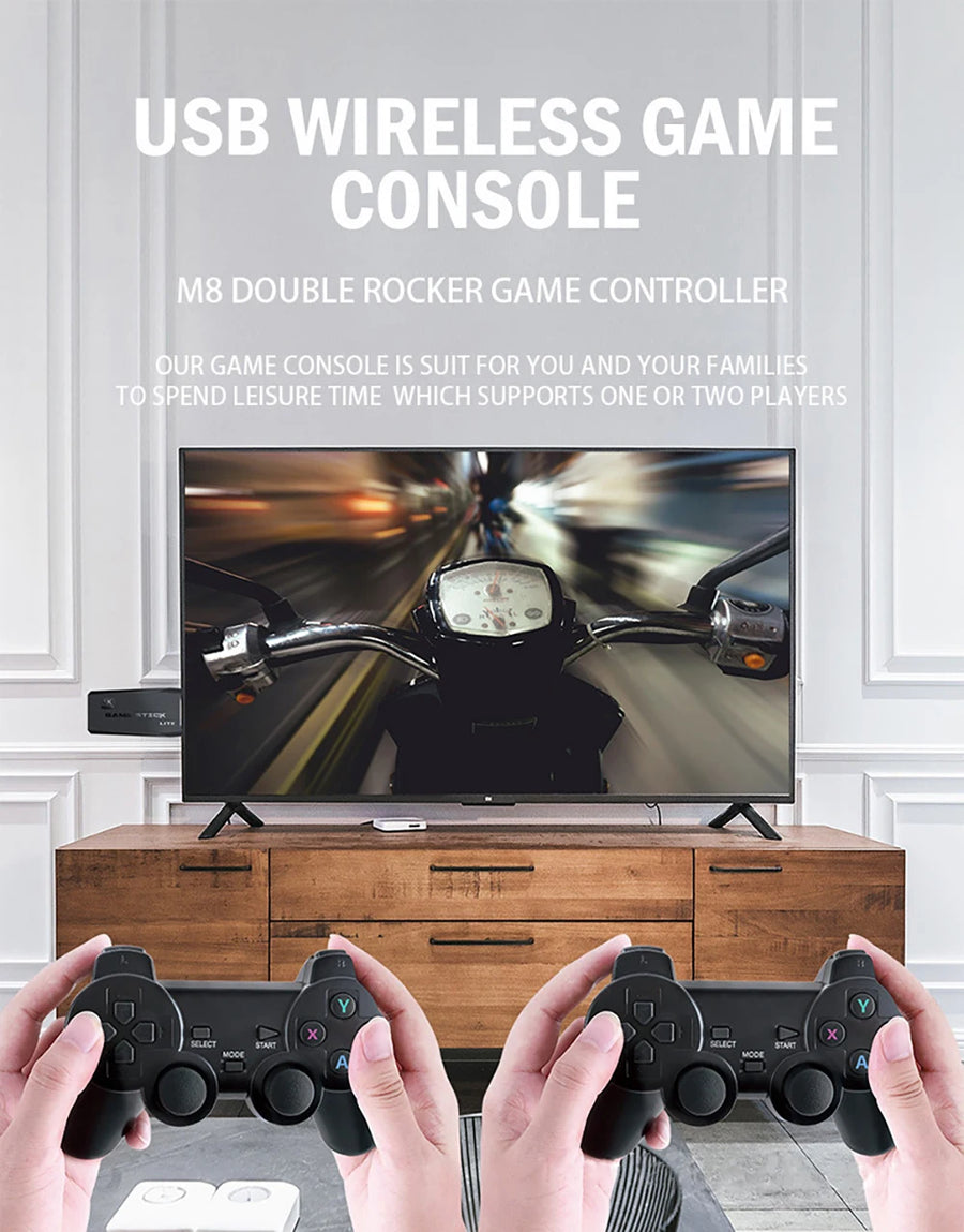 USB wireless game console with two controllers in front of a TV displaying a racing game.