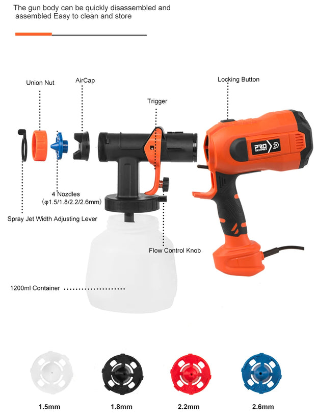 750W Electric Spray Gun 4 Nozzle Sizes 1200ml HVLP Household Paint Sprayer Flow Control Easy Spraying by PROSTORMER