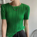 Women's white pleated short sleeve blouse, O-neck casual top