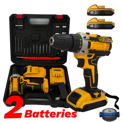 Yellow and black cordless drill with accessories and two batteries on a white background, featuring Titan brand logo.
