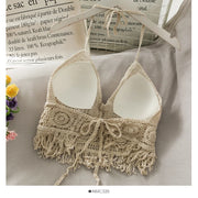 2025 Crop Tops Retro Wild Hollow Perspective Tassel Sexy Spaghetti Strap Tanke Top Women Built In Bra New Back Lace Halter Neck