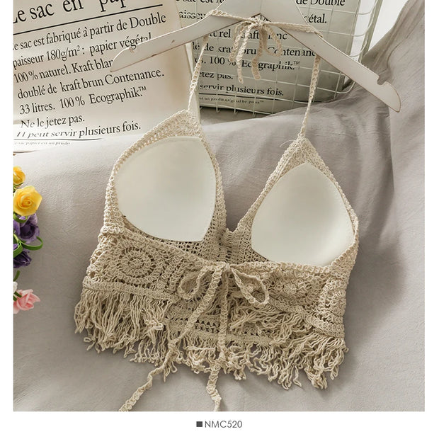 2025 Crop Tops Retro Wild Hollow Perspective Tassel Sexy Spaghetti Strap Tanke Top Women Built In Bra New Back Lace Halter Neck