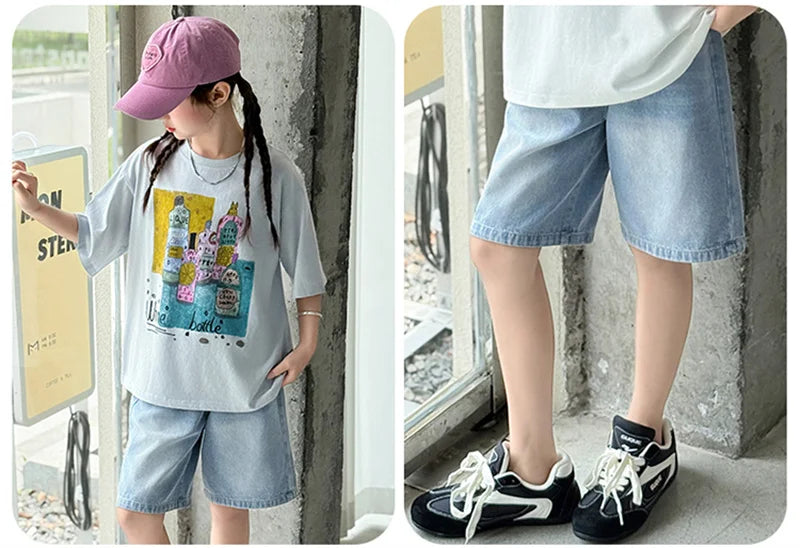 Girls Summer Outfit Set – Print T-Shirt + Shorts (Ages 5-14)
