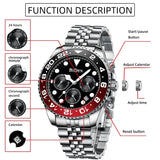 Men's quartz dress watch with function description detail on white background
