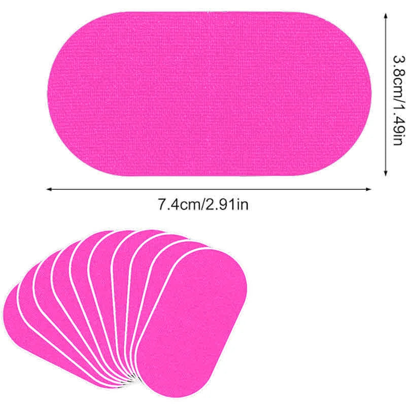 Pink oval anti-snoring mouth tape strips with dimension labels and stack of strips