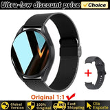 Women's Smart Watch 6 with black mesh band on white background with promotional text