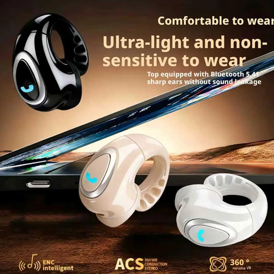 White open-ear clip-on earbuds pair with ultralight body callouts