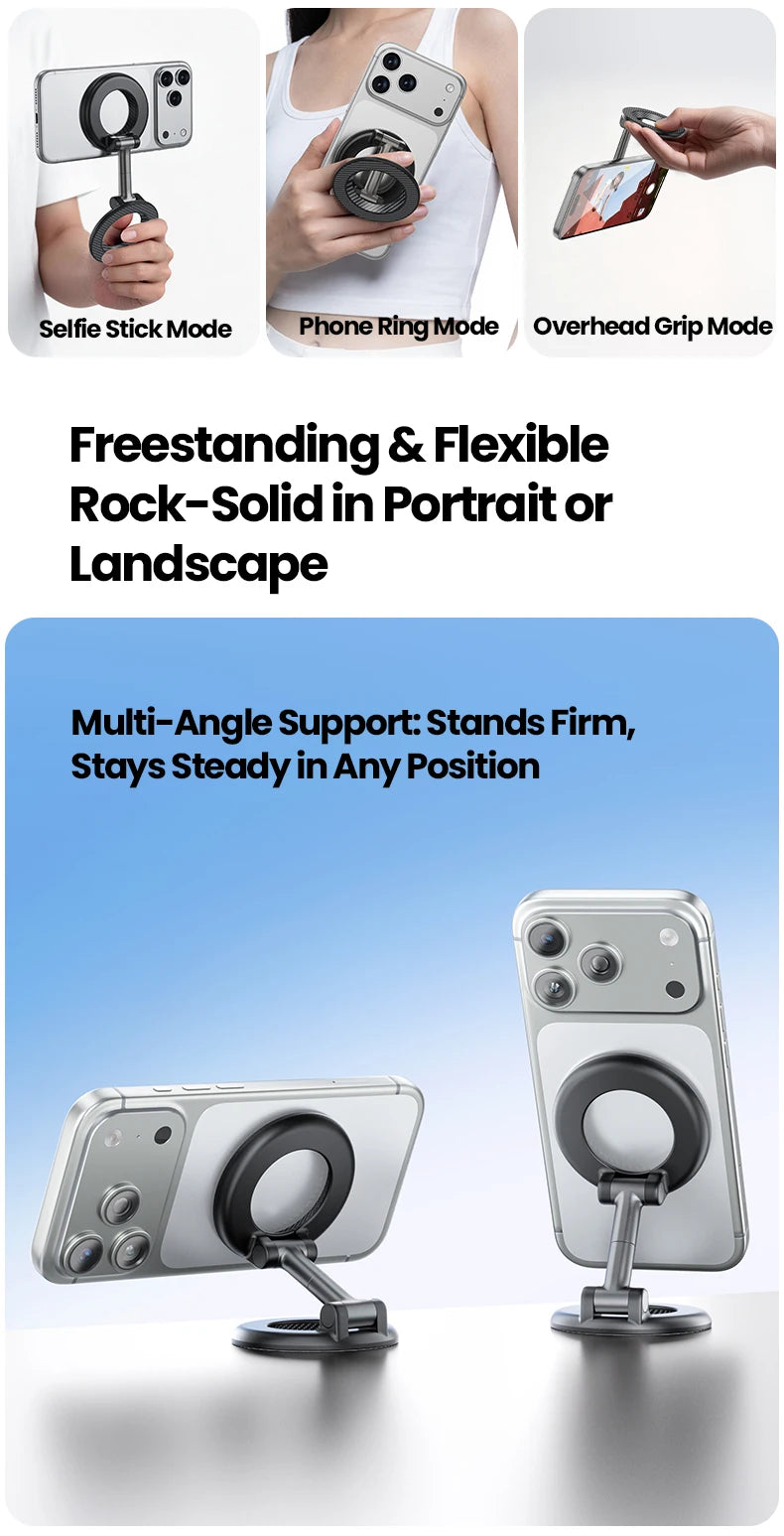 Dual-Ring MagSafe Phone Stand – Metal Tri-Fold, Double-Sided Strong Magnetic Holder