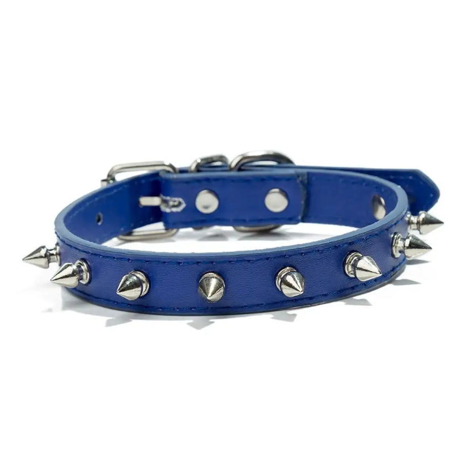Blue spiked dog collar – PU leather studded collar with silver spikes on white background