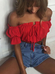 Crop tops women 2024 summer lantern sleeve sexy strapless beach tops red black white ruched crop top