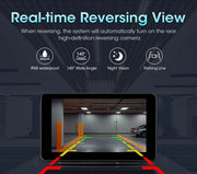 Real-time reversing view of a car with high-definition camera features, including waterproofing and night vision.