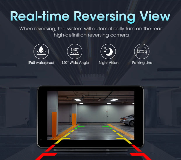 Real-time reversing view of a car with high-definition camera features, including waterproofing and night vision.