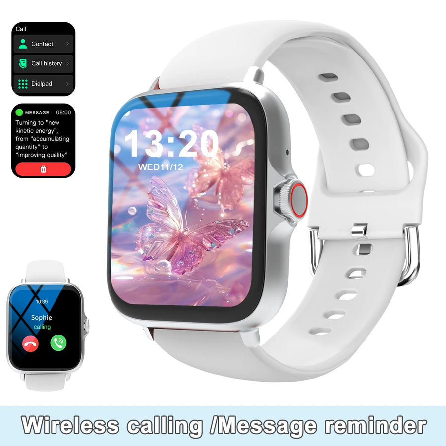 Smartwatch with white band displaying a butterfly on the screen, with app icons on the left.