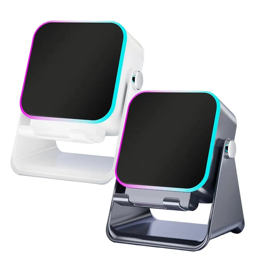 Two smartphone stands with colorful LED lighting on a white background