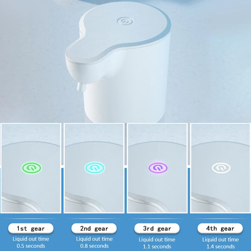 Automatic foam soap dispenser with four adjustable gears, liquid output time from 0.5 to 1.4 seconds with LED indicators