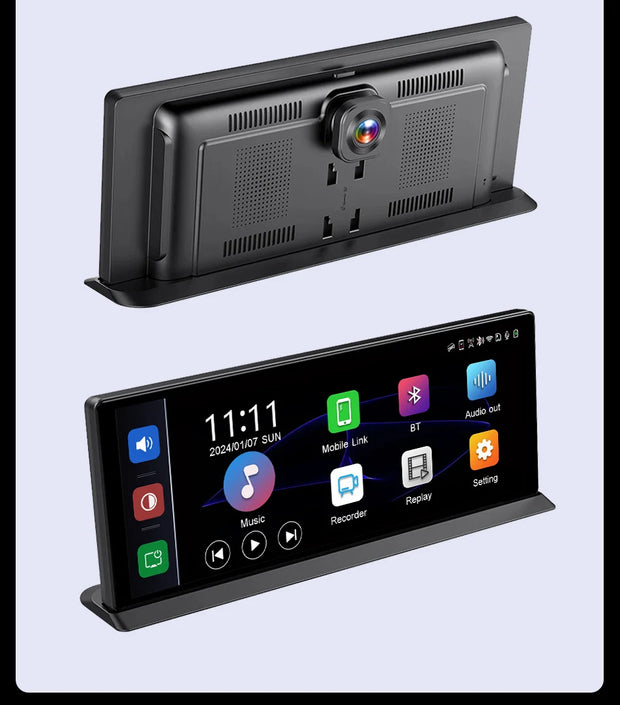 Vtopek Carplay screen showcasing front and back views, 11.3" HD portable design for various vehicles.