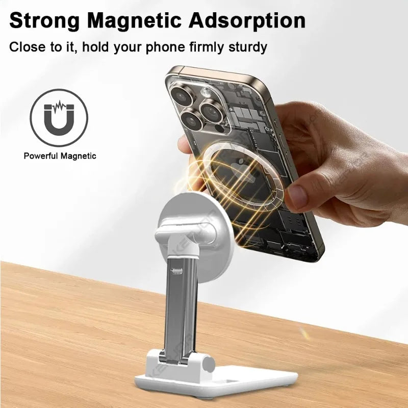 Black foldable MagSafe phone holder on a wooden surface.