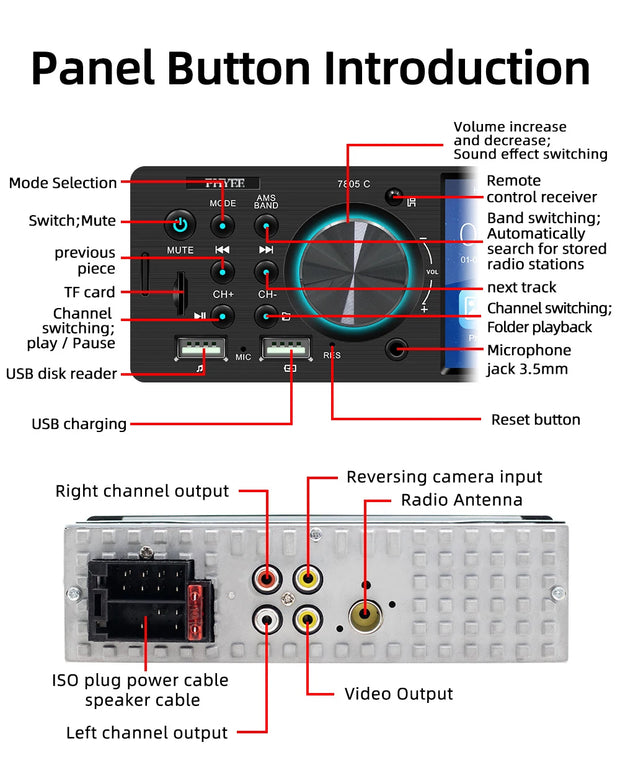 Touch Screen Car Radio, MP5 Player, Bluetooth, Hands Free, Audio, USB, TF, 7 Colors Lighting, Stereo System, Head Unit, 7805C