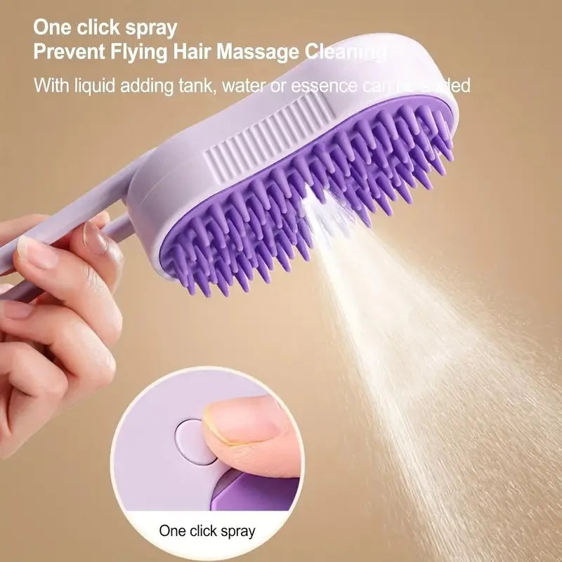 Purple pet steam brush with spray feature and massage bristles on beige background – 3-in-1 deshedding grooming comb for cats and dogs