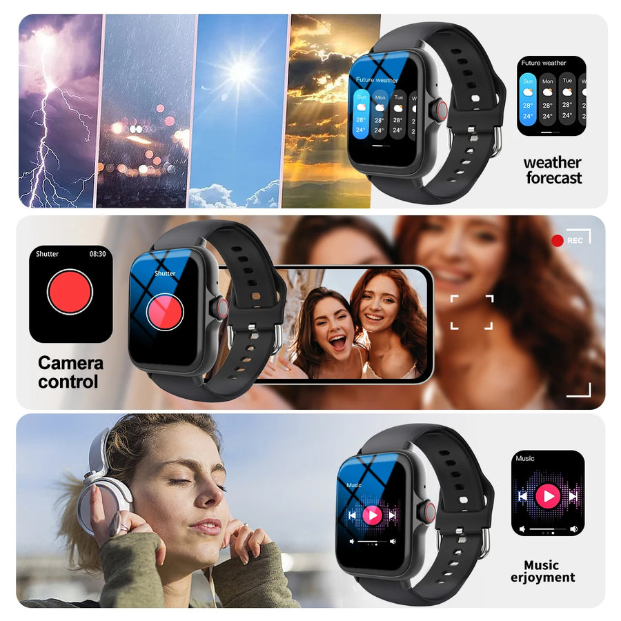 Smartwatch with various functions displayed on a collage of images.