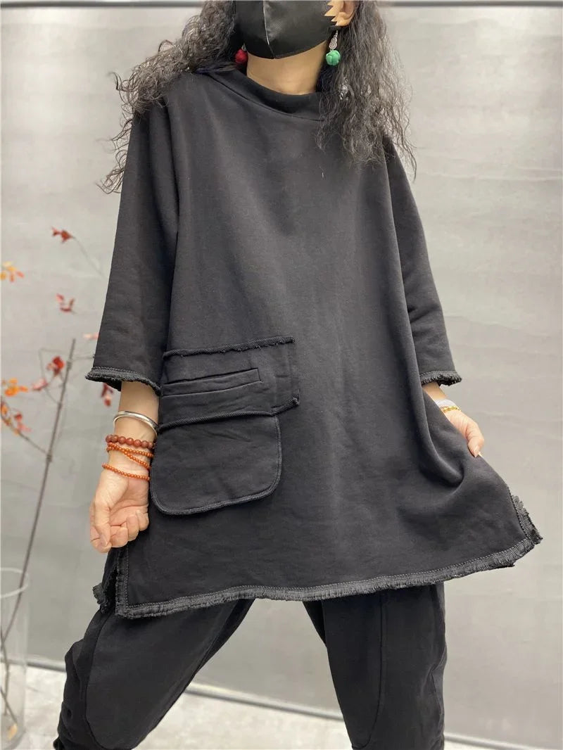 Womens plus size long sleeve top in dark gray, loose fit casual t-shirt product shot on plain background