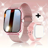 Rose gold smartwatch with mesh band on a sparkling background