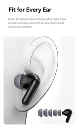 Earbud with ear canal illustration and text about customizable tips on a white background
