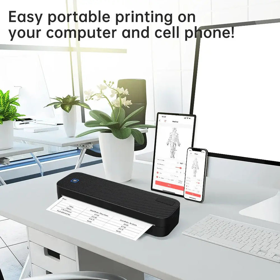 Portable thermal printer on a desk with computer and phone displaying the printing app — wireless Bluetooth inkless A4 mini printer