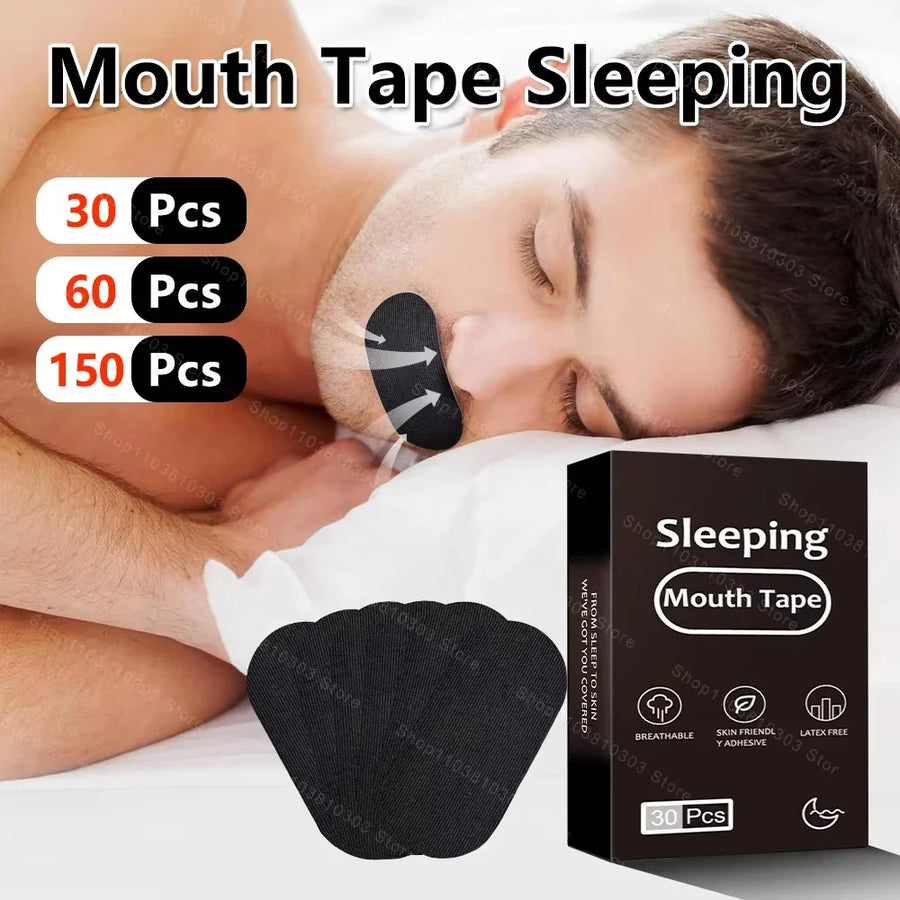 Man sleeping with black mouth tape – anti-snoring strips for better sleep
