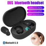 Black E6S bluetooth headset true wireless earbuds in open charging case with LCD battery display, Bluetooth 5.0