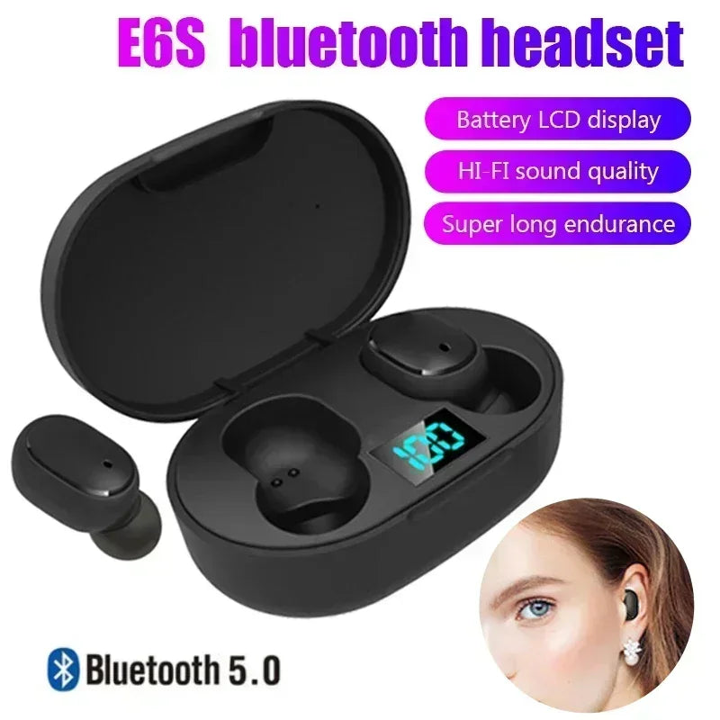 Black E6S bluetooth headset true wireless earbuds in open charging case with LCD battery display, Bluetooth 5.0