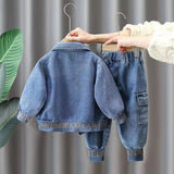 Jacket and jeans laid out