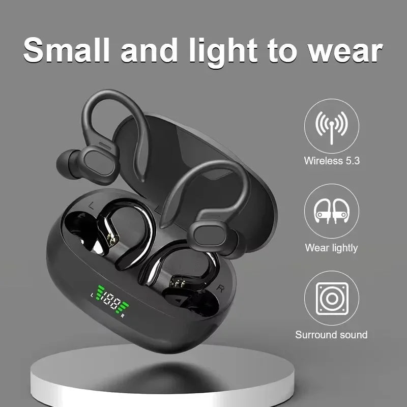 Wireless earbuds in a charging case with features highlighted on a gray background