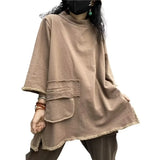 Womens plus size long sleeve top in light coffee, loose fit casual t-shirt product shot on white background
