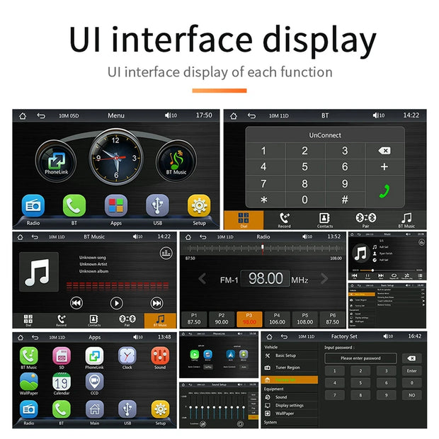 UI interface display of the 7-inch wireless car stereo showcasing various functions such as radio, music, and Bluetooth.