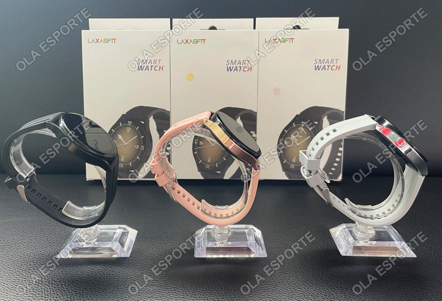 Three Women's Smart Watch 6 smartwatches on stands with branded boxes in background