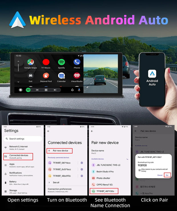 Image showing Wireless Android Auto setup with phone screen and car display, demonstrating connections and settings.