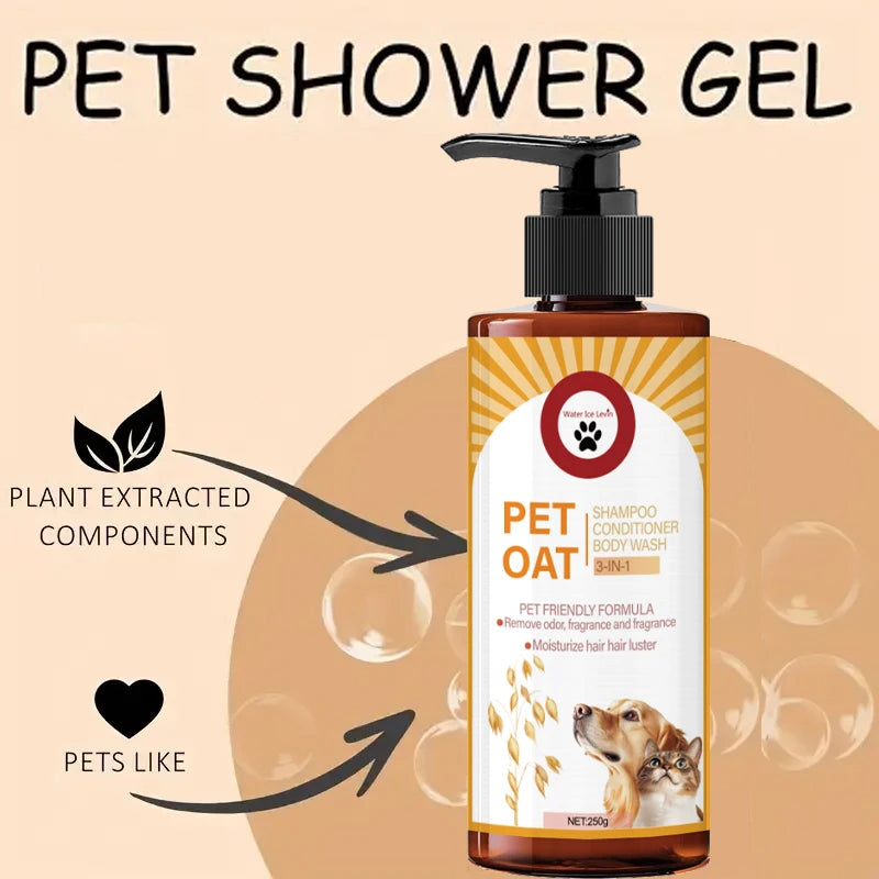 Pet shower gel bottle with label on a beige background
