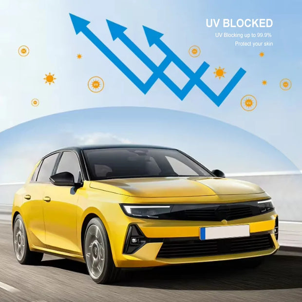 High heat resistant car window tint on a yellow car, blocking UV rays up to 99%, enhancing comfort and protection.
