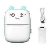 Cute cartoon-style mini Bluetooth thermal label printer with USB cable and paper container on white background