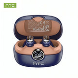 Navy HTC NE79 AI translation earbuds in open charging case with LED battery display