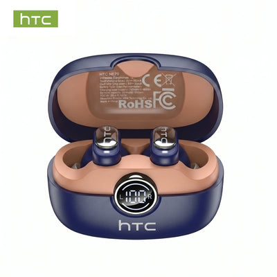 Navy HTC NE79 AI translation earbuds in open charging case with LED battery display
