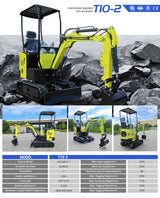 1.8 ton mini excavator – yellow and black T10-2 model outdoors among rocks, with smaller side-view photos