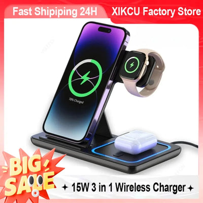 Foldable 3-in-1 Wireless Charging Station – for iPhone 16/15/14/13/12, iWatch Ultra & AirPods