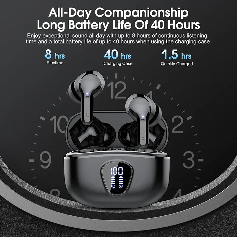 Wireless earbuds with charging case on a black background with battery life information.