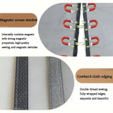 Magnetic screen window with cowhide cloth edging, showing magnets, sewing details, and text descriptions.