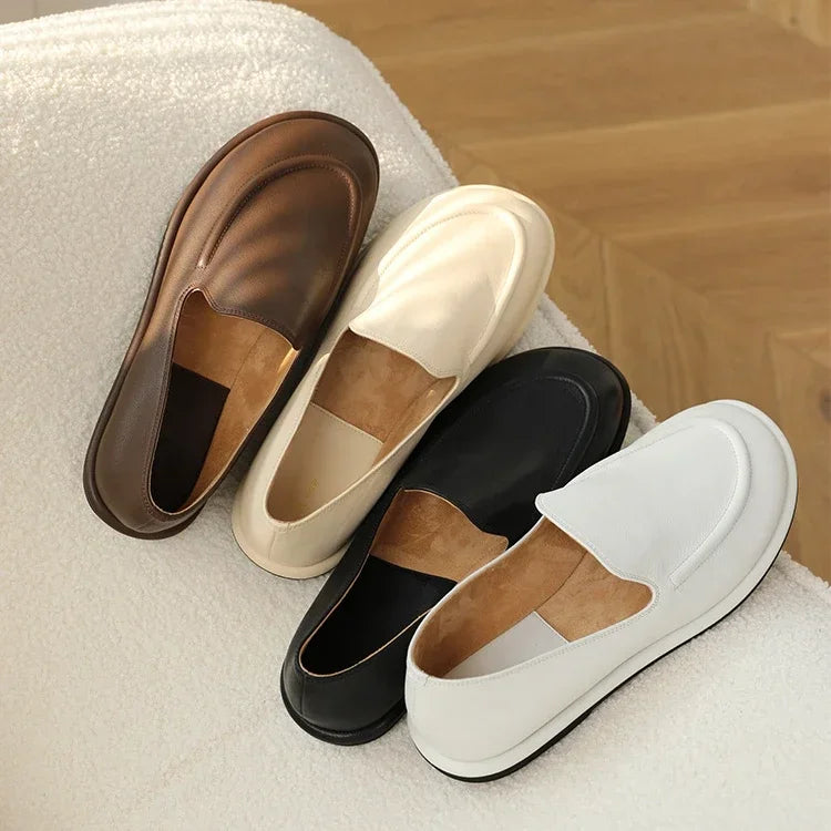 Women's Genuine Leather Loafers – Round Toe Slip-On Flat Shoes